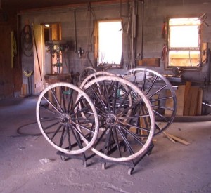 Amish buggy shop tour - buggy wheel sets